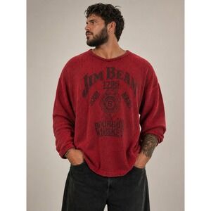 Jim Beam Bourbon Whiskey Graphic Knit Shirt Mens L Red Long Sleeve Casual Boxy